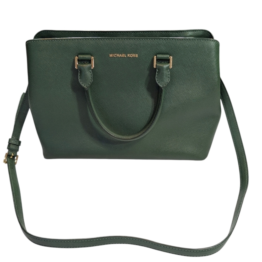 Michael Kors Green Savannah Large Saffiano Leather Satchel Crossbody Bag.